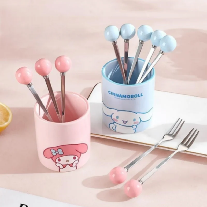 

Sanrio Cute Fruit Fork Set with Ceramic Storage Jars High-Grade Stainless Steel Dessert Cutlery for Home Tableware Gifts Girls