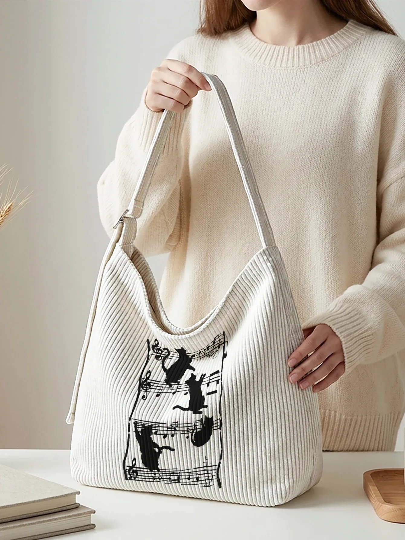 Music Note Black Cat Print Hobo Bag, Adjustable Strap Large Capacity Shoulder Bag For Work Travel Daily Casual