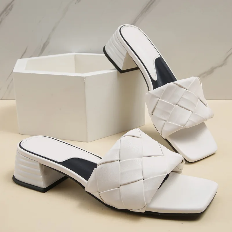 Women Fashion Design Weave Soft Slippers Purple White Square Heels PU Leather Woman Shoes Party Summer Female Square Toe Sandals