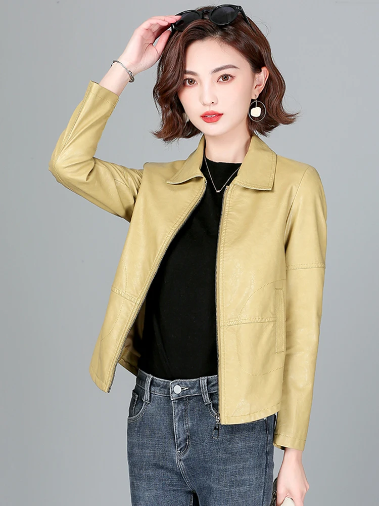 Nieuwe Dames Schapenvacht Jas Lente Herfst 2025, Mode Casual Lange Mouw Korte Rits Leren Jas Losse Split Lederen Bovenkleding