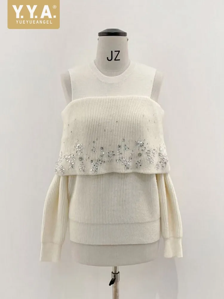 New French Style Elegant Women O Neck Nail Drill Long Sleeve Pullover Knitted Jumpers Sweater Tops Knitwear Office Designer Lady