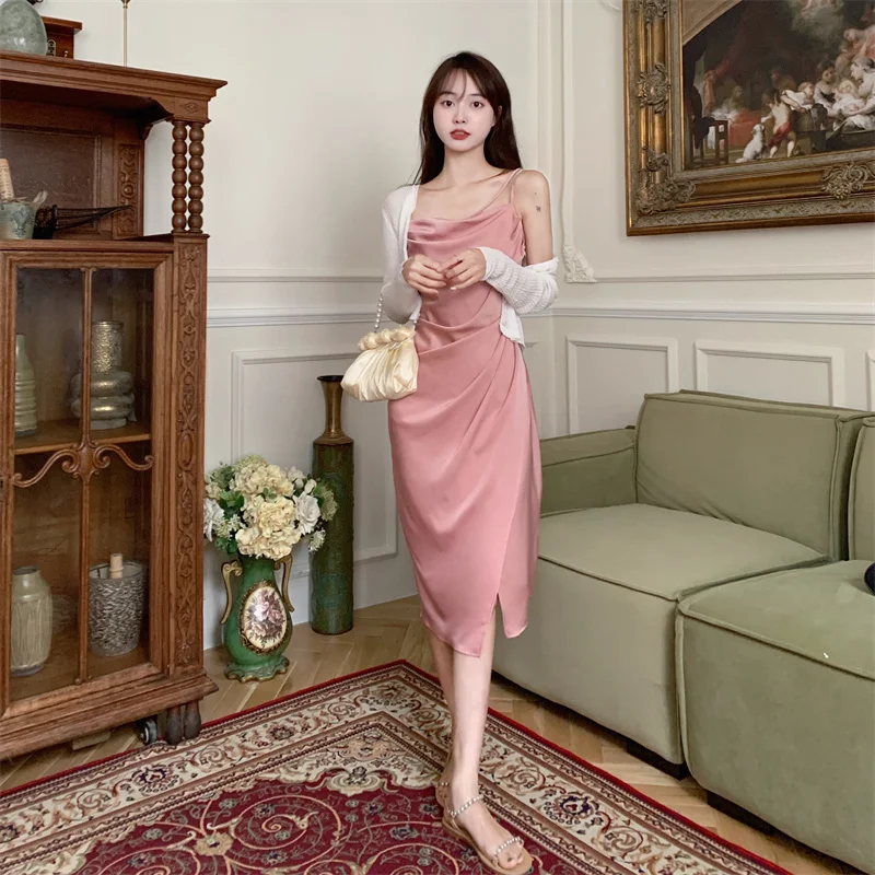 Backness Sexy Satin Pink Evening Party Dress 2022 Summer Spaghetti V Neck A Line Folds Party Midi Long Split Dresses For Women