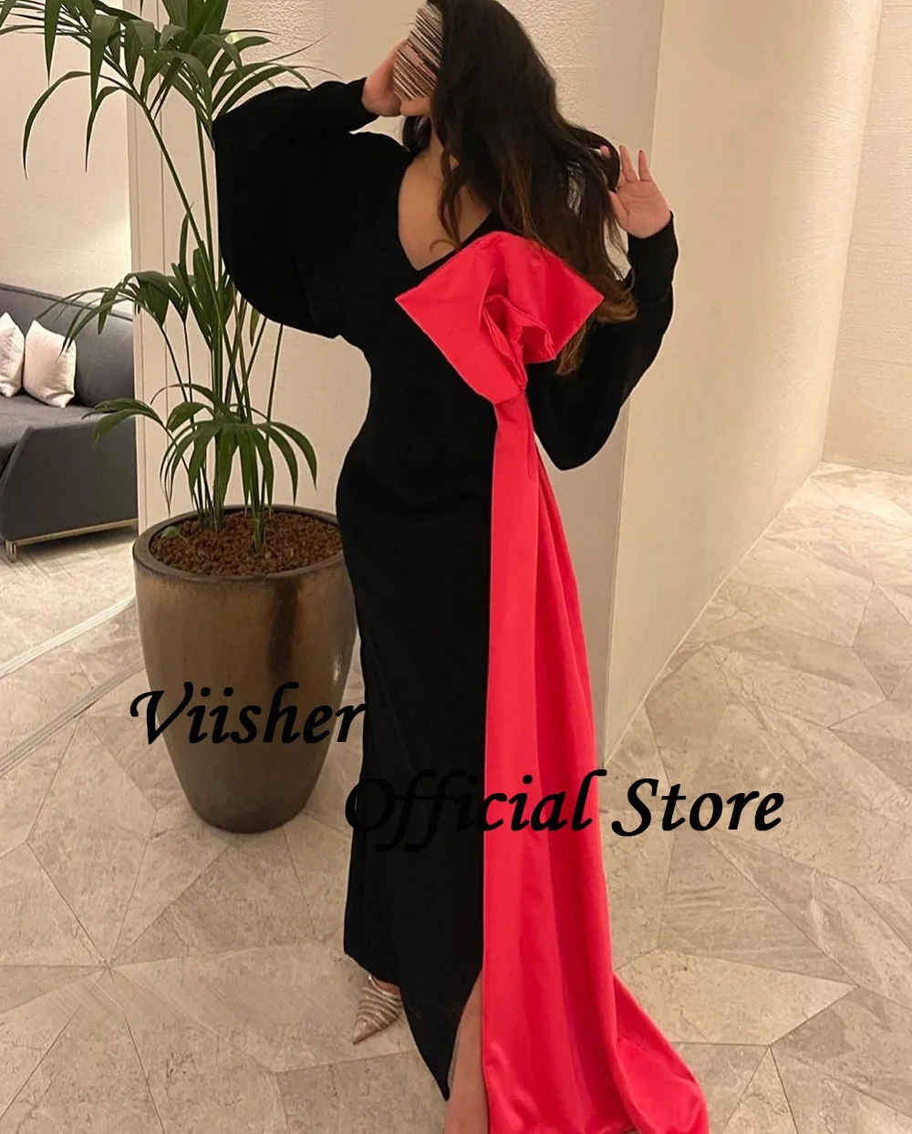 Viisher-vestido de noite sereia preto, manga comprida, gola V, árabe, Dubai, vestido de baile com laço vermelho, vestidos de noite elegantes