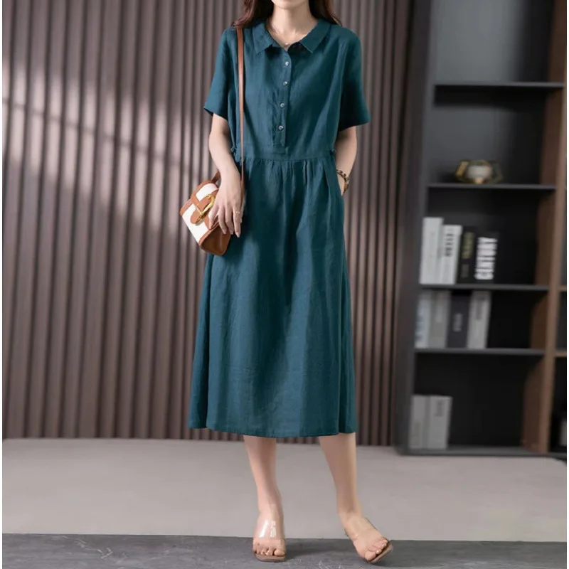Artistic Vintage Loose Large Size Patchwork Solid Color Cotton Linen Collar Short Sleeve Midi Length Dress Summer 2026
