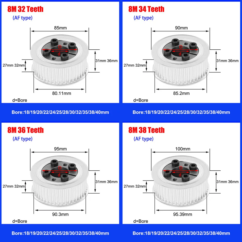 32T-44T HTD 8M Timing Pulley Bore 18mm-50mm Keyless Bushing 32-44 Teeth Synchronous Belt Pulley For Width 25mm 30mm Timing Belt