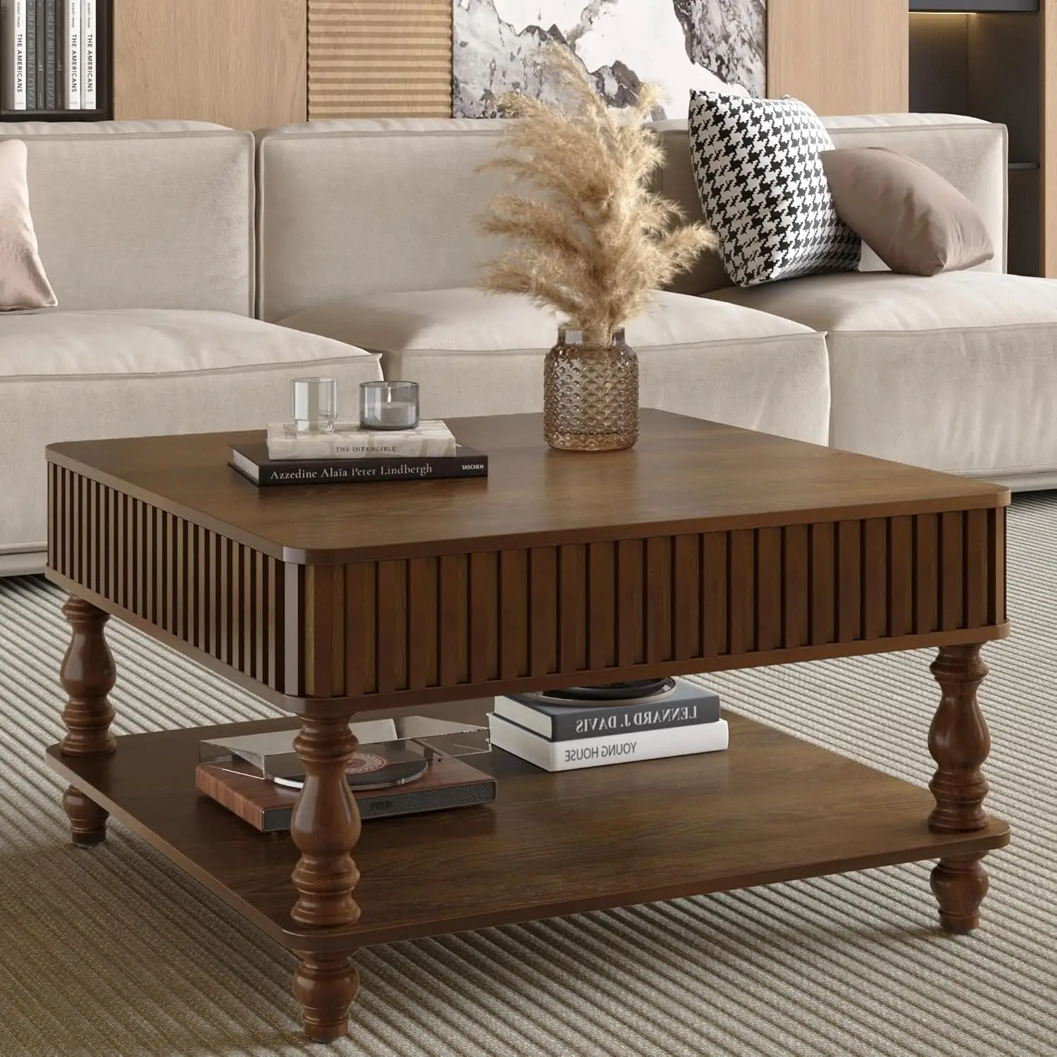Square Lift-Top Coffee Table With Hidden & Open Storage, Hydraulic Mechanism, Wood Legs For Living Room, Walnut, Customized