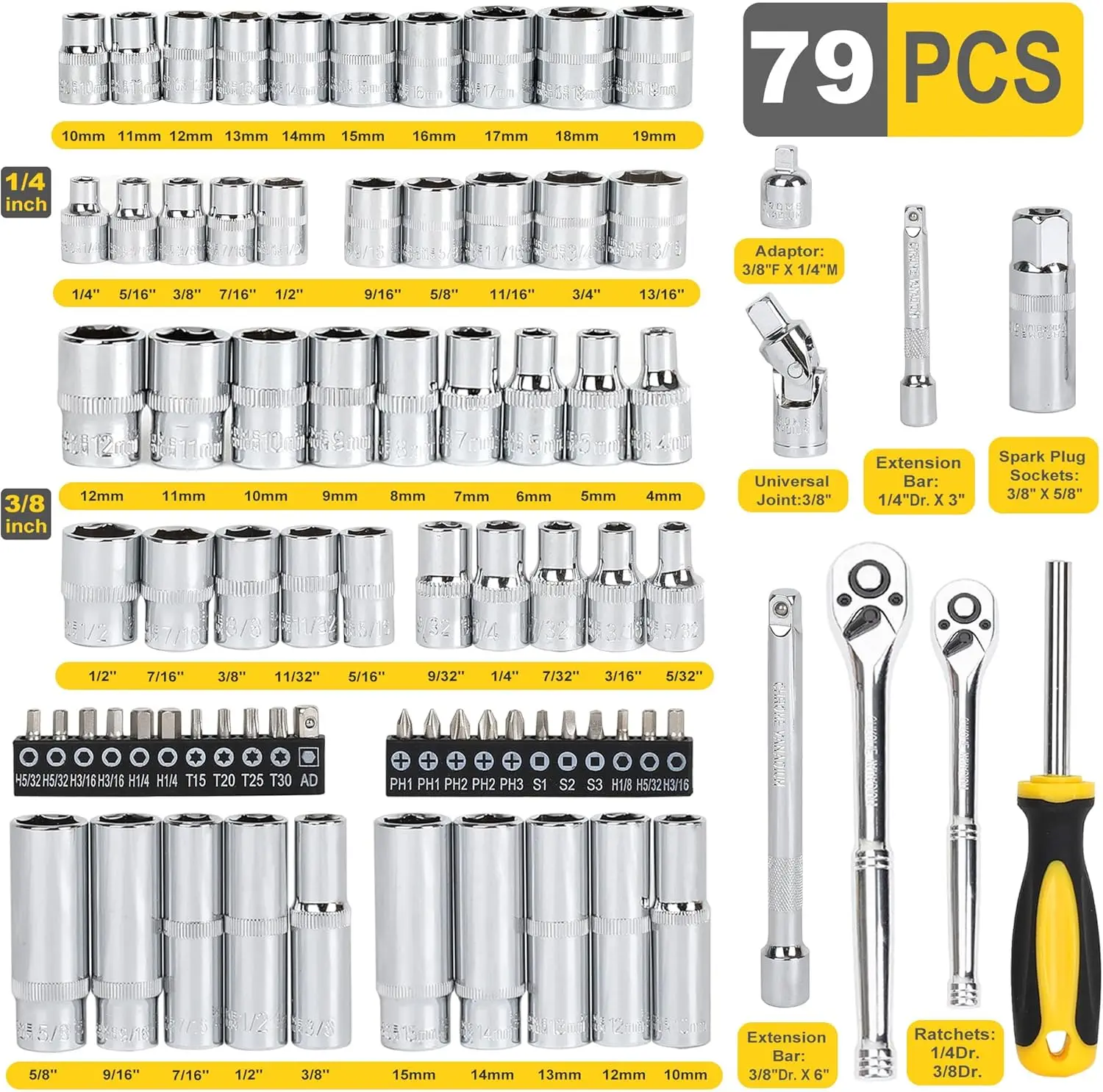 79ピース 1/4インチ & 3/8インチ ドライブ インパクトソケットセット、メートル法 & インチ法、6ポイント、CR-V、EVAフォームトレイ