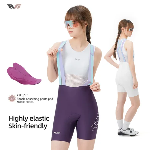 Imagen 2 del producto ROCKBROS TVI Pantalones cortos con pechera para bicicleta para mujer, transpirables con absorción de impactos, pantalones cortos de ciclismo sin costuras de secado rápido