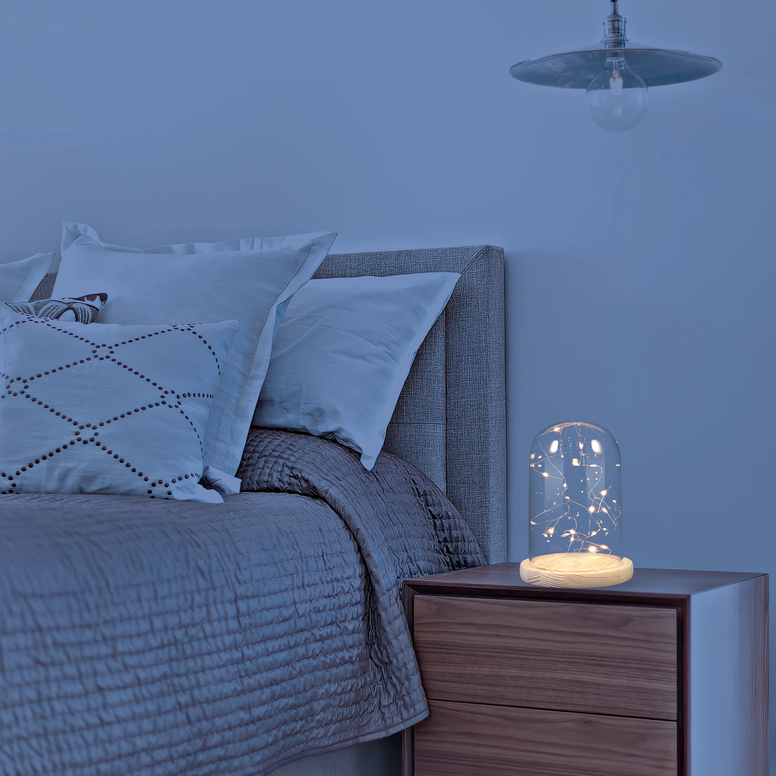 

LED Star Table Light Wooden Base Glass Dome Warm White Fairy String Lights Bedroom Living Room Decorative Night Lamp Low Power