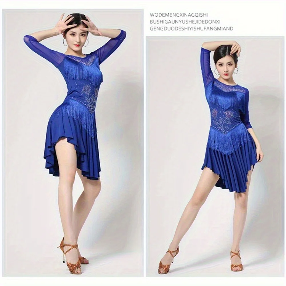 Costume de salle de bal à franges pour femmes, col rond en dentelle, manches 1/2, robe de danse latine Tango Salsa avec short, strass déco rouge brillant