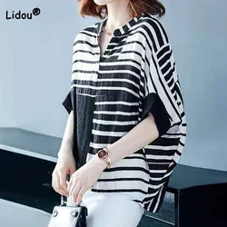 Casual Fashion Female Irregular Striped Print Tops Summer Women's Clothing Commute Loose Batwing Sleeve Cotton Linen T-shirt