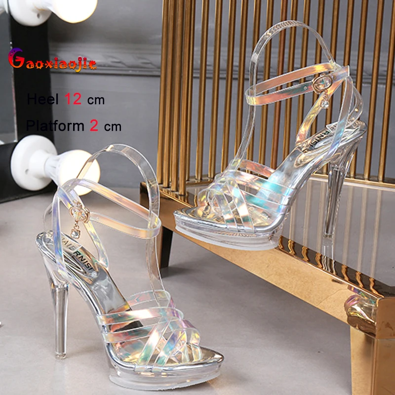 

Silvery Thin High Heels Platforms Women Shoes Round Toe Ladies Pump Color Changing Glass Rubber Buckle Strap Sandals Party Shoes