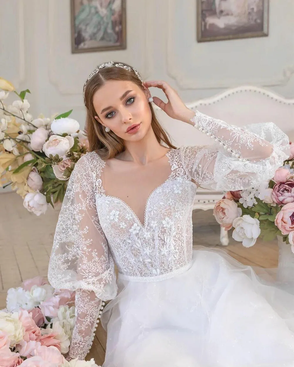 SoDigne Bohemian V-neck Gaun Pernikahan Tulle Lengan Puff Panjang Renda Applique Gaun Pengantin Dibuat Sesuai Pesanan untuk Wanita Robe De Mariage