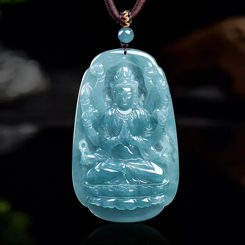

Authentic Natural A-Grade Jade Blue Water Thousand Hand Guanyin Pendant Ice Type Unisex Jewelry For Men And Women Drop Shipping