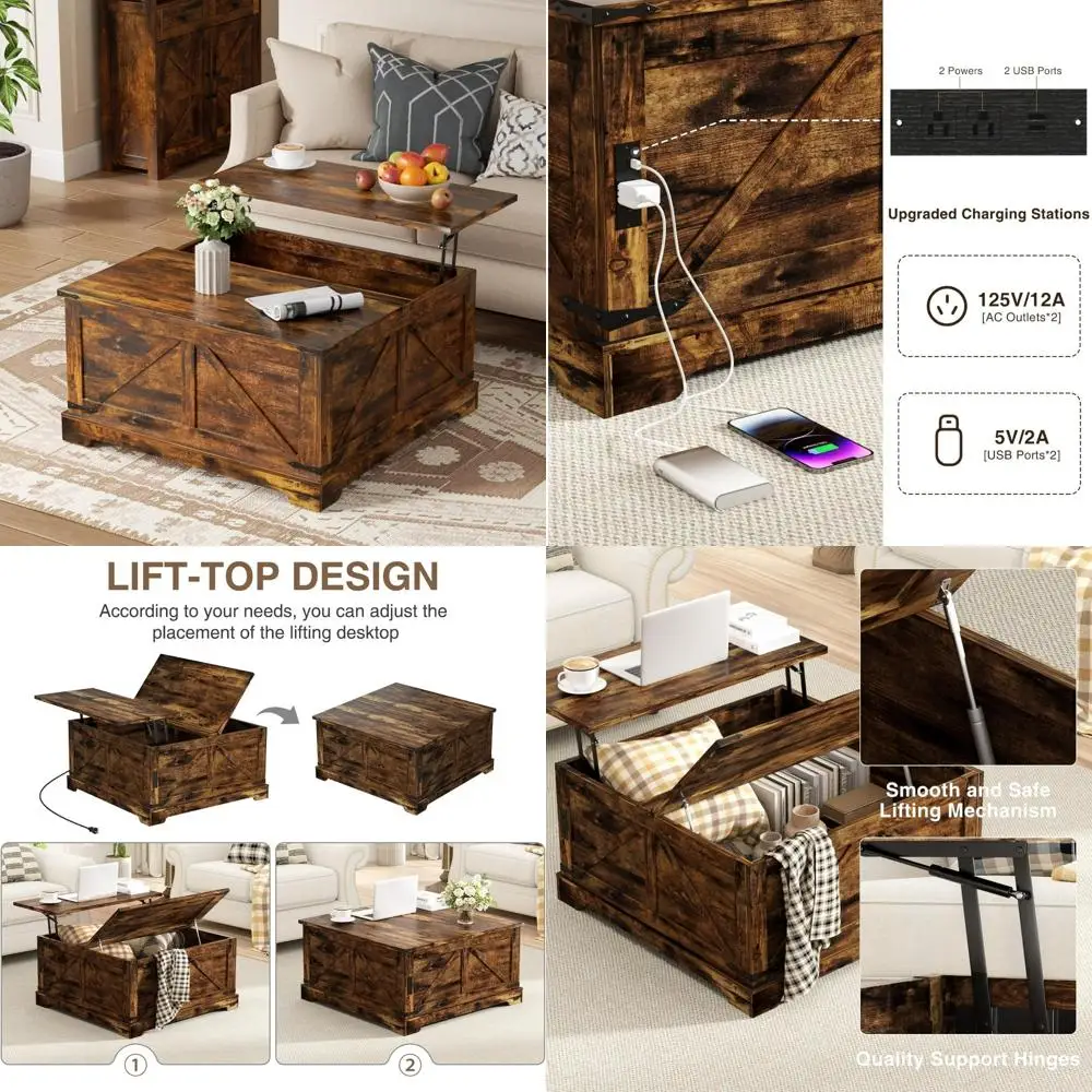 Farmhouse Style Square Coffee Table with Lift Top Storage and Charging Station, Rustic Wood Cocktail Table