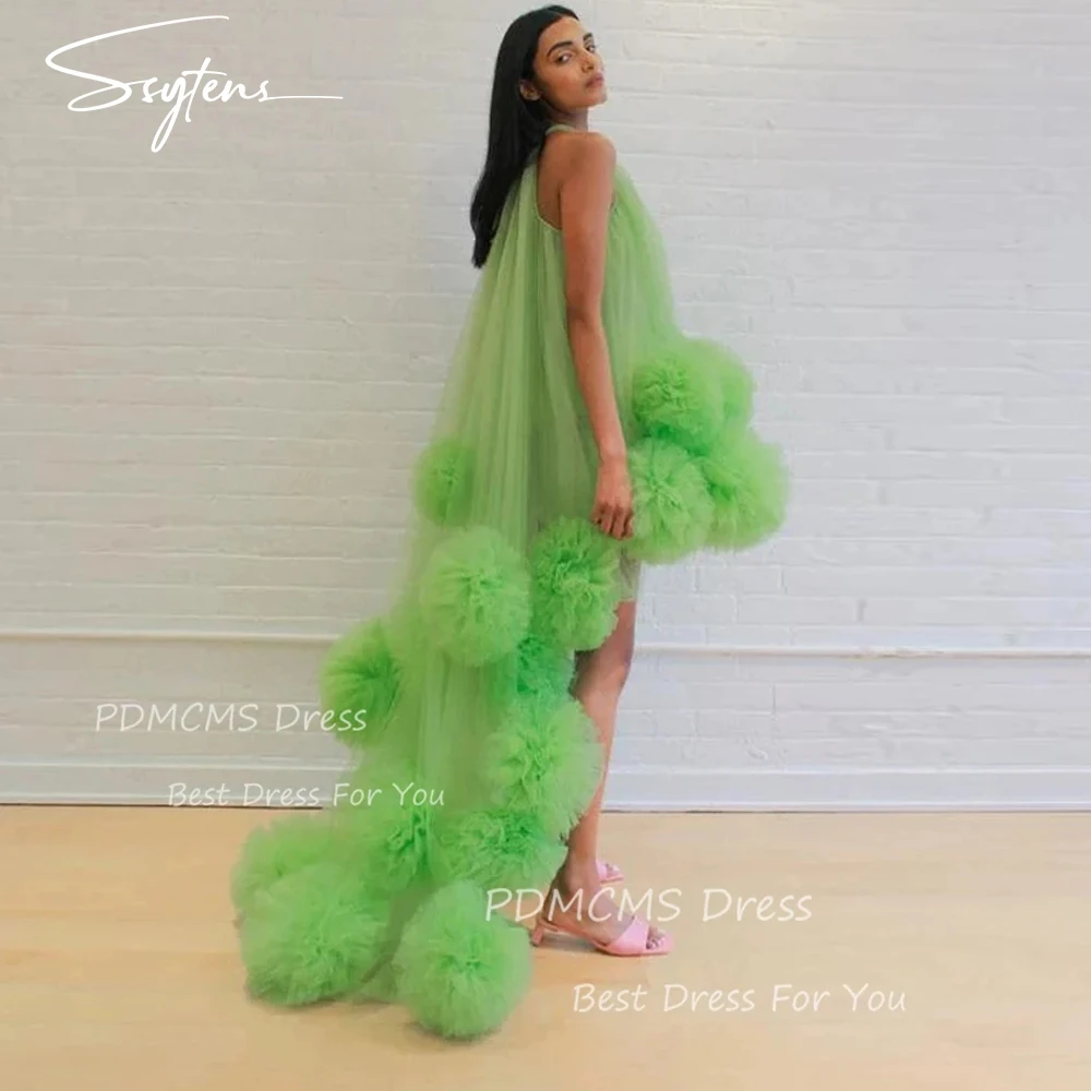 

Neon Green Sexy Long Evening Formal Dresses robe de soiree Hi Low Ruffle Tulle Elegant Evening Gown Halter Party Dresses