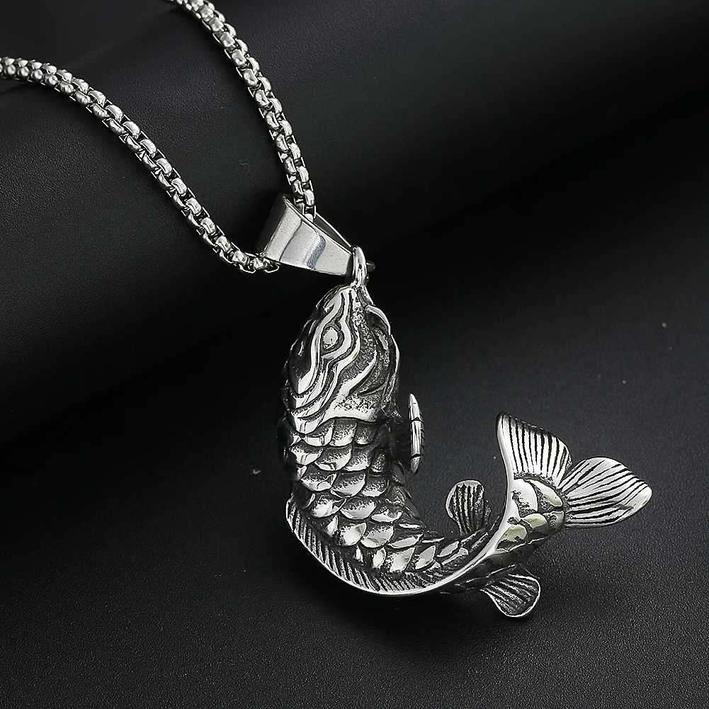 

Fortune Koi Fish Necklace Good Luck Wealth Retro Jumping Carp Pendant Men Women Stainless Steel Jewelry Best Gifts for Friends