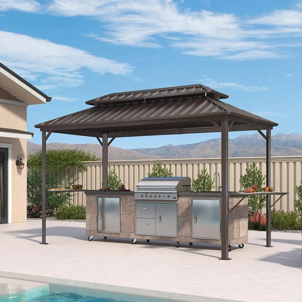 6.5'X12'Hardtop Grill Gazebo for Patio Permanent Metal Roof with 2 Side Shelves Deck Yard Tent Aluminum Garden Outside Sun Shade