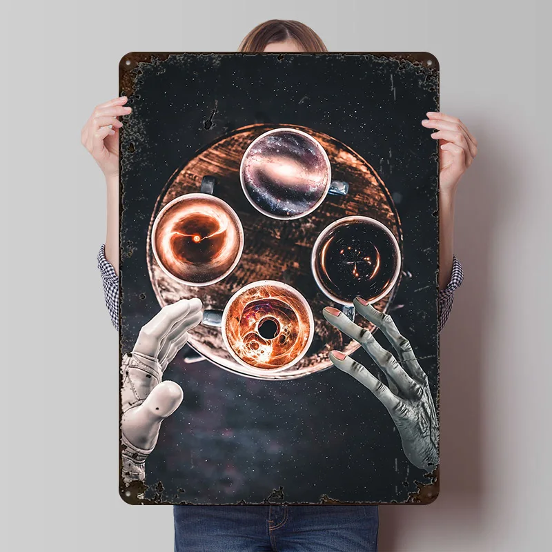 Space Object Coffee Mug Metal Poster Customized Wall Art Retro Vintage Tinplate Signs for Man Cave Bathroom Decor House Home