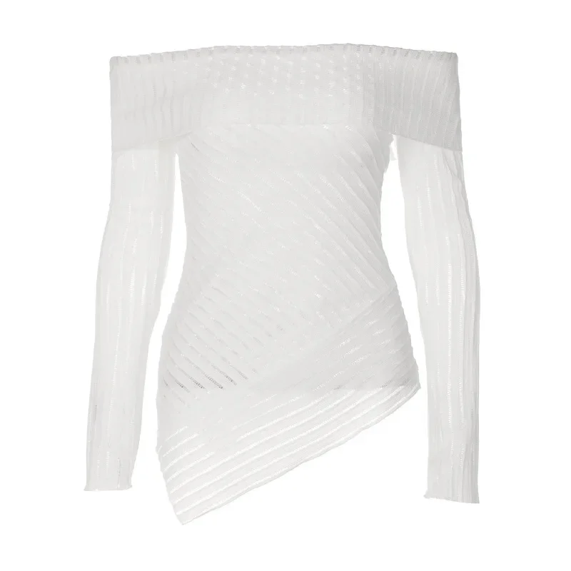 2026 Frühling Damen-Oberteil Weiß Einfarbig Lange Glockenärmel Schulterfreie Sexy Tops Weibliche Mode Lässige Allround-Kleidung für Damen