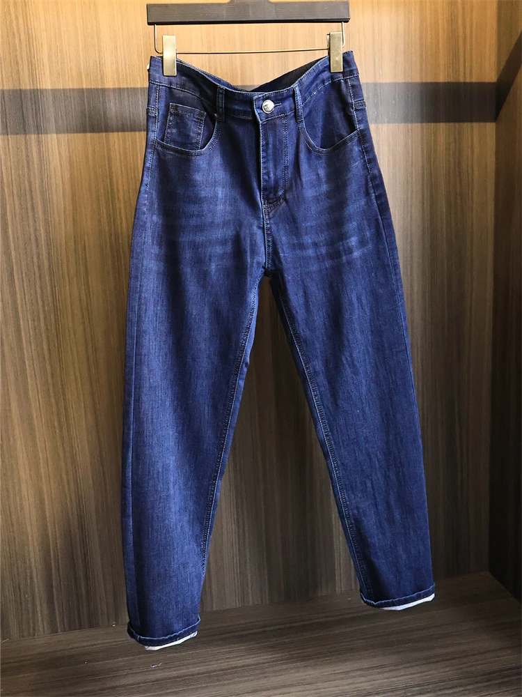 

Мужские прямые джинсы с молоточным узором, весна 2025 г., хлопковые эластичные джинсовые джинсы со средней талией, длинные брюки, современный сле