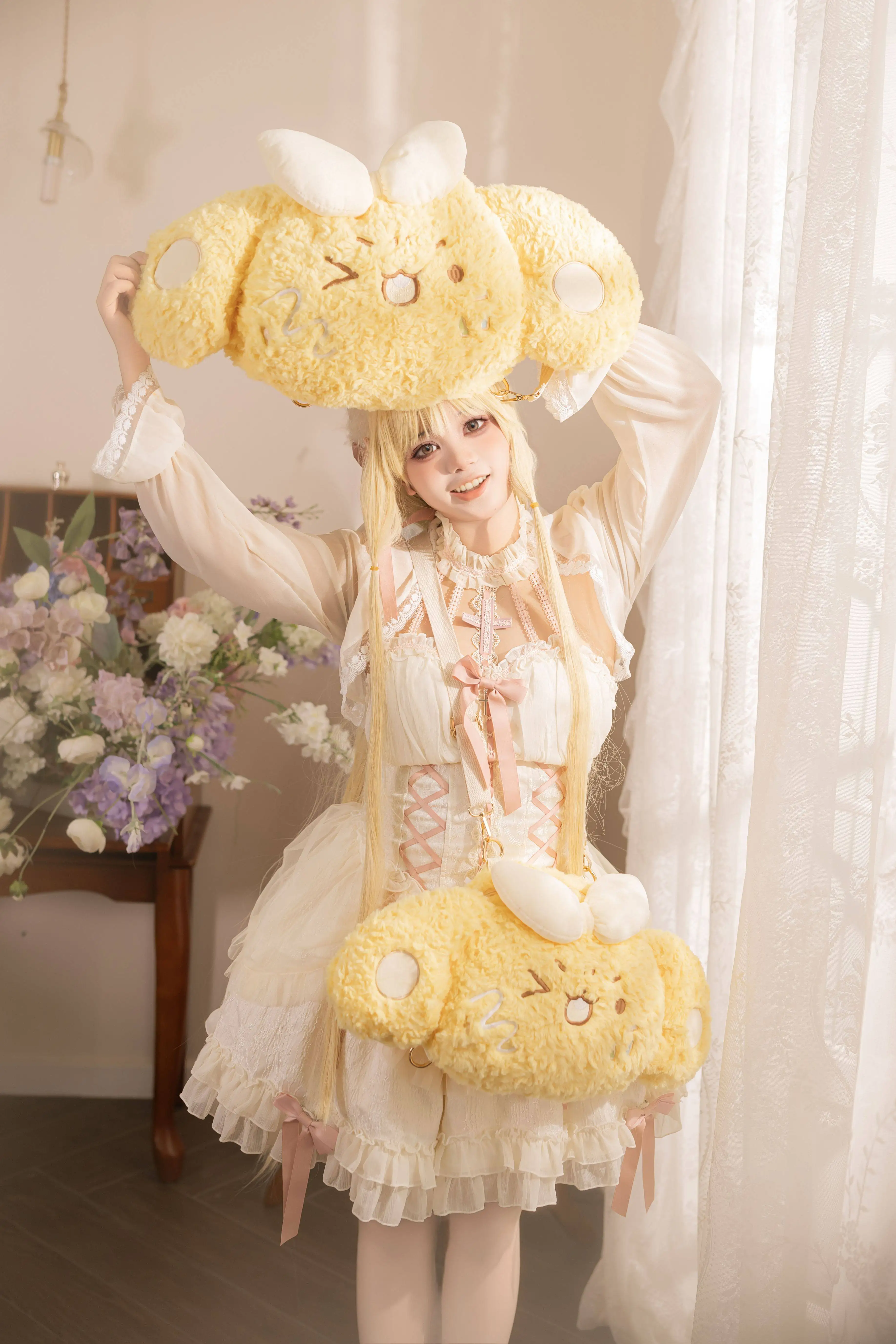 Japanese Original Kawaii Sweet and Cute Lolita Plush Backpack Soft Girl Milk Yellow Cartoon Puppy Plush Shoulder Bag for Women
