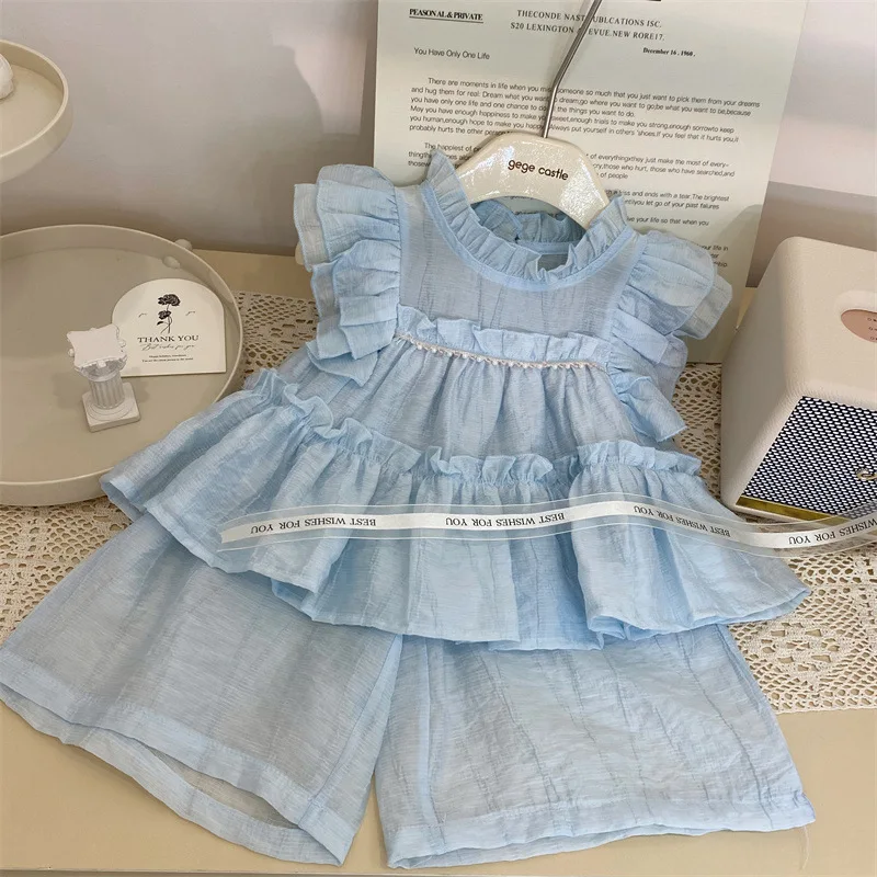 

Girls Suits Korean 2024 New Summer Girls Flying Sleeve Small Fresh Suit Foreign Style Doll Shirt Wide-leg Pants Two-piece Set