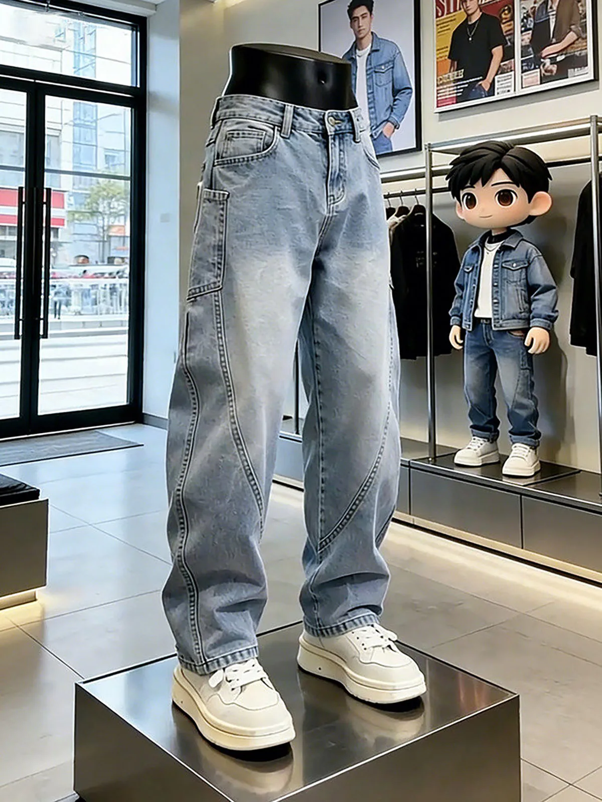 Light Blue American Style Splicing Jeans Men Summer Loose Wide Leg Pants Straight Cut Youth Popularity Jeans Casual Wear