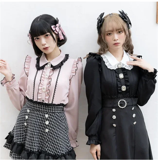 Japanse Schattige Dames Lange Mouwen Strik Shirt Herfst Lieve Meisjes Diamanten Gesp Prachtige Blouse Shirt Lolita Tops