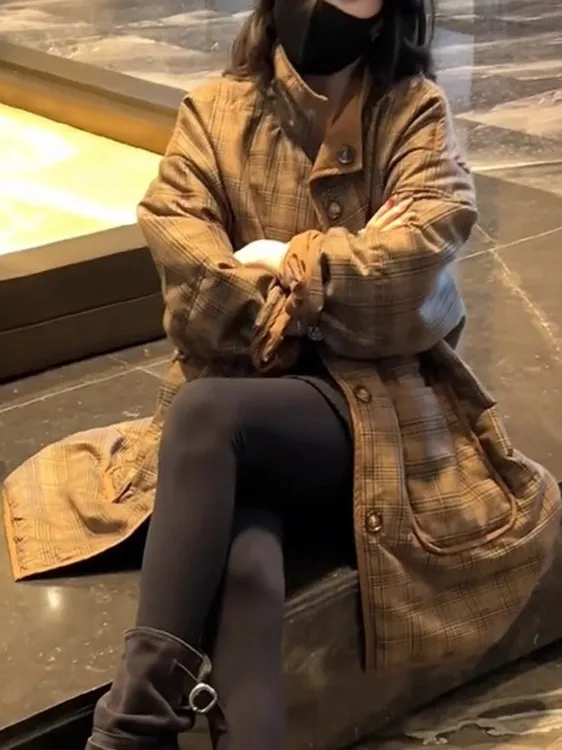 Retro Casual versátil Thiened suelto a cuadros cálido algodón Jaet mujer 2025 invierno Faion relleno algodón abrigo Mujer