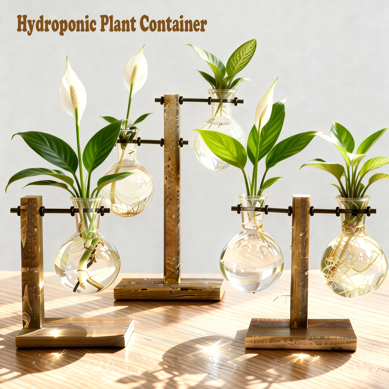Planter Vases Flower Pot Hydroponic Plant Glass Decor Terrarium Wooden Stand Hydroponic Propagation Station Indoor Desktop Decor
