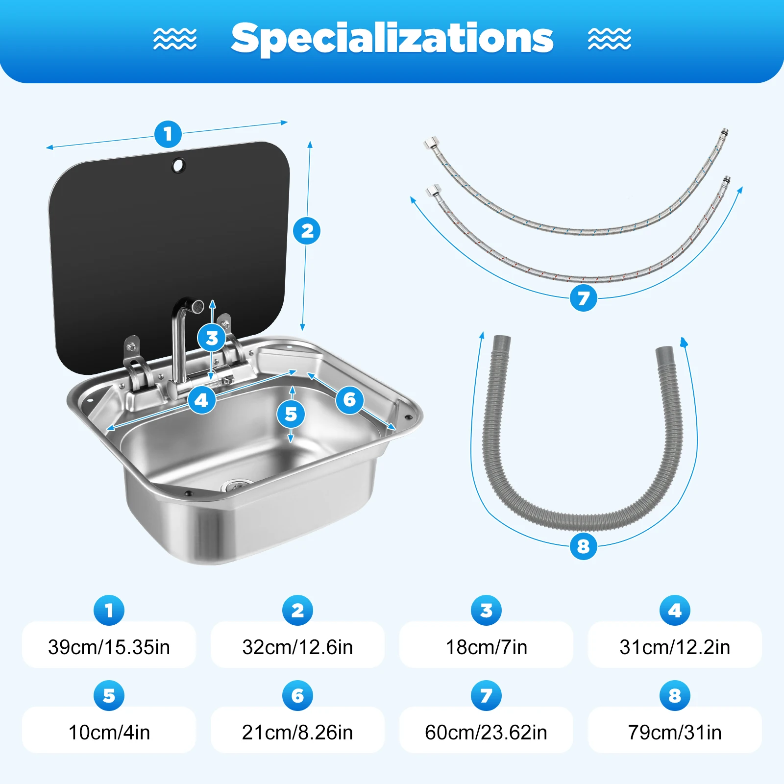 

RV Sink Caravan Camping 304 Stainless Steel Hand Wash Basin Sink with Tap, RV Stainless Steel Covered Sink