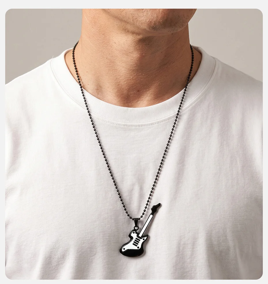 Vnox Herren Gitarren-Anhänger Halskette, Perlenkette Schwarz-Weiß Emaillierter E-Gitarren-Anhänger Halsketten Rock-Musik-Schmuck Party-Geschenk – Detail 2