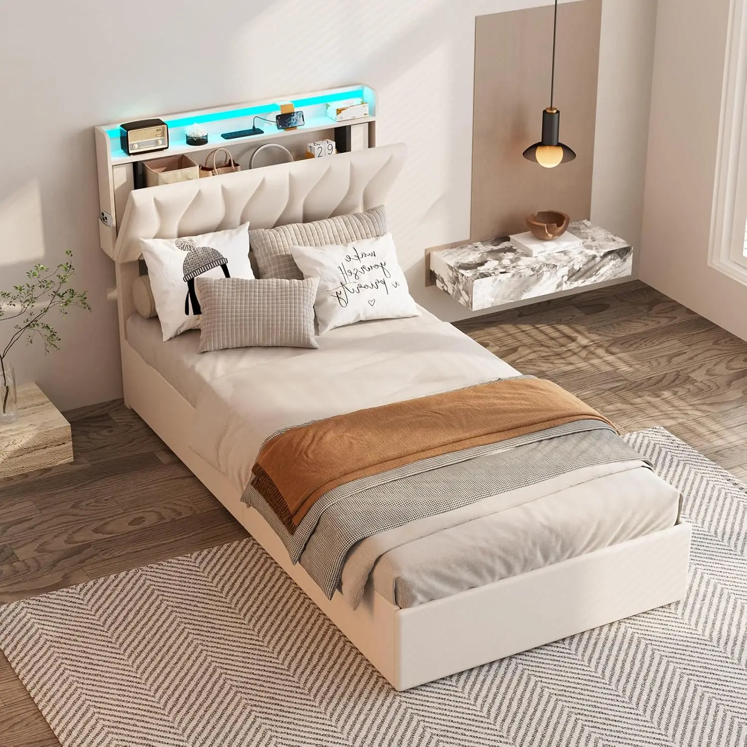 Vabches Lift Up Twin Size Bed Frame with Storage Headboard Upholstered Platform Bed Frame w Charging Station&LED Light Bedroom image 4