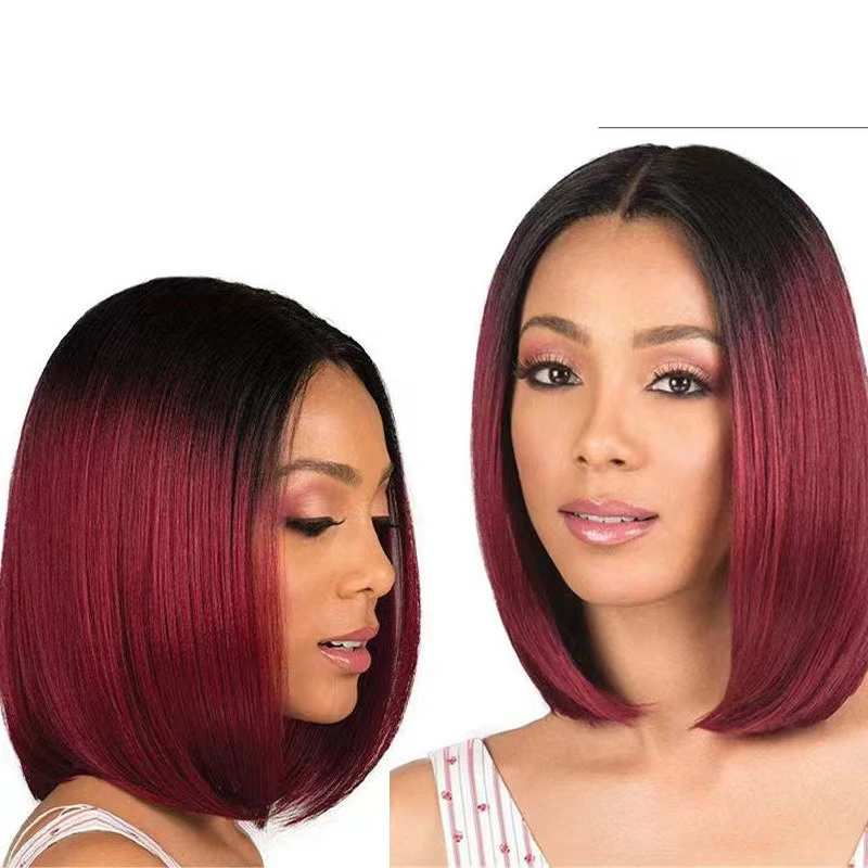 Synthetic Straight Hair Ombre Bob Wig Lace Front Black Root to Wine Red Wigs Middle Part Colored Bob Wig