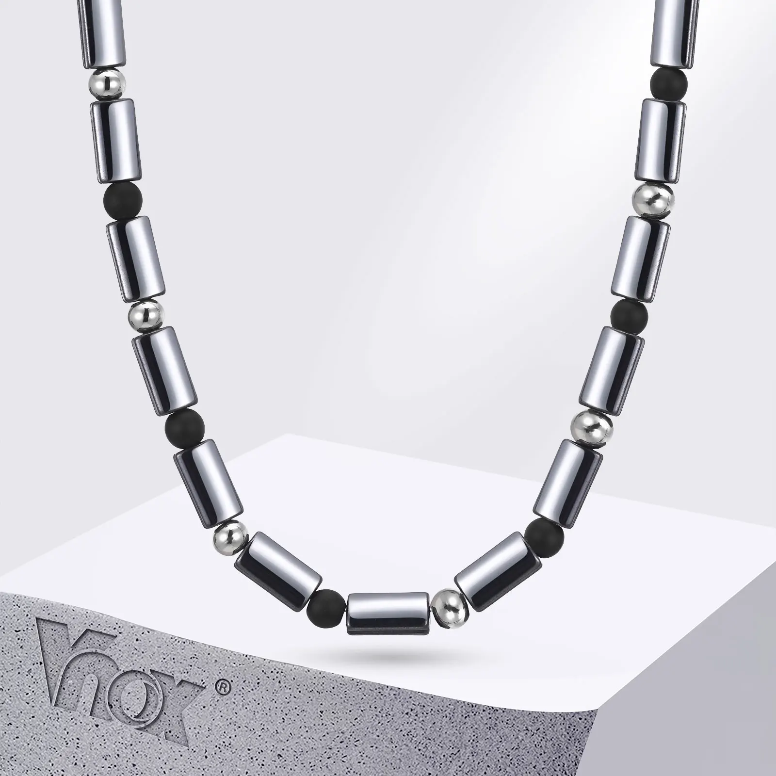 

Vnox Hematite Healing Necklace for Women Men Therapy Relief Anxiety Rectangle Stone Yoga Necklace Beads Choker Necklaces Gift