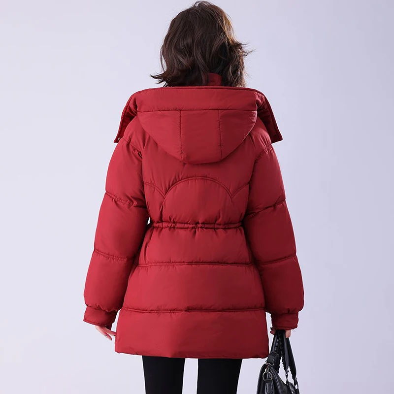 

Пуховик средней длины с хлопковой подкладкой, женское пальто, новинка 2025, модное тонкое хлопковое пальто с узкой талией, зимняя шапка, теплая парка