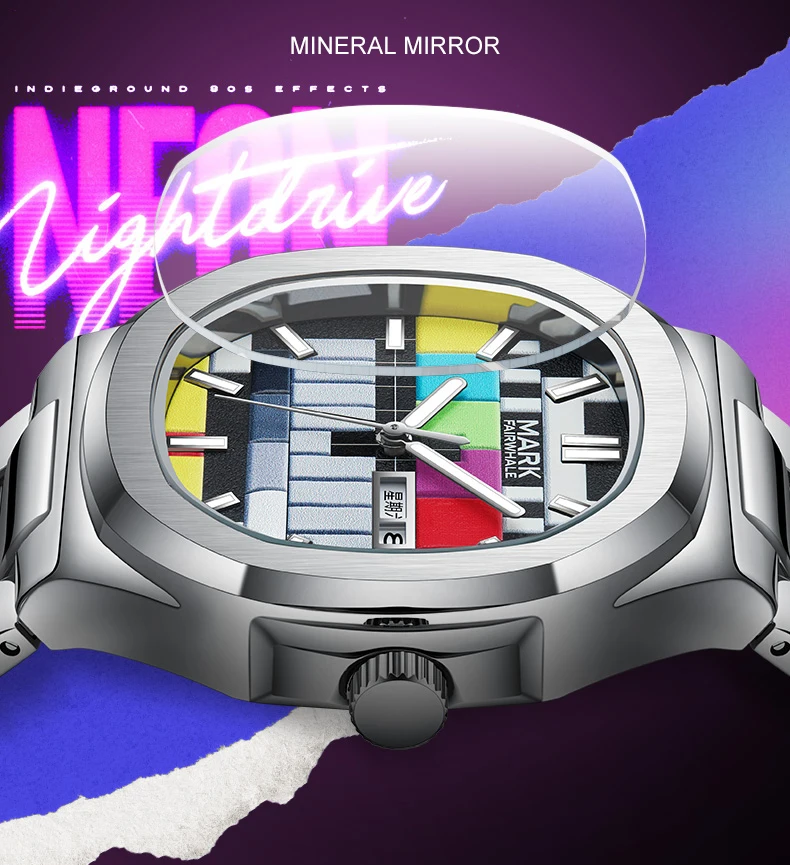 Mark Fairwhale ผู้ชายนาฬิกาควอตซ์ 40 มม.นาฬิกาข้อมือ 30M กันน้ํา Luminous TV Dial Dual ปฏิทิน