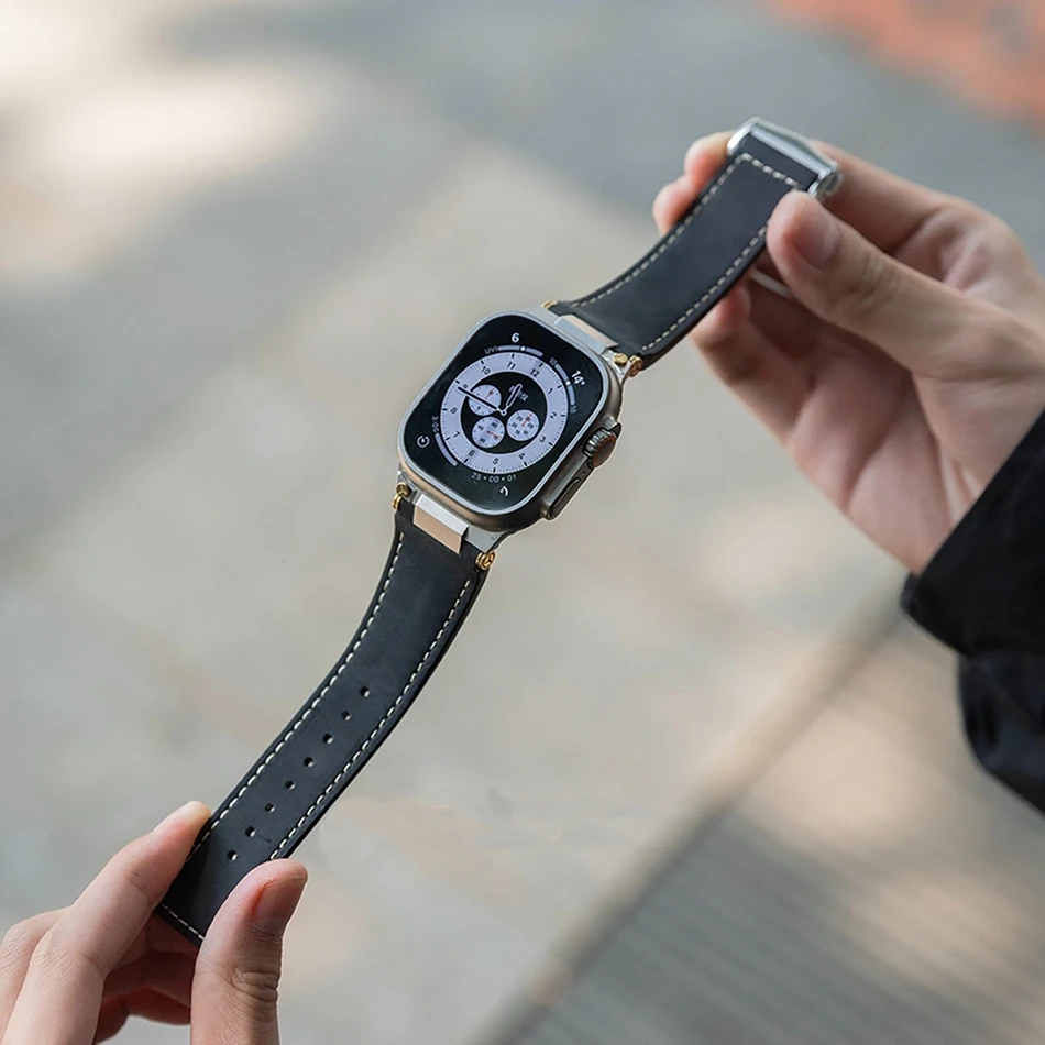 Man Leather Band for Apple Watch 11 10 9 8 6 7 3 SE Folding Clasp