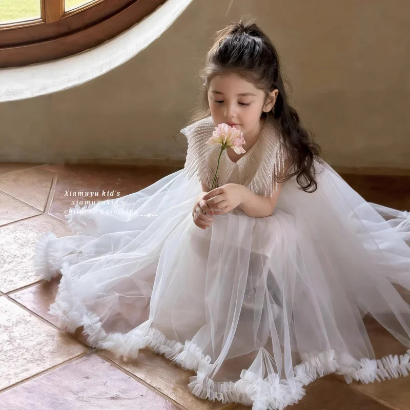New white mesh princess dress with elaborate tassel collar  birthday party for girls