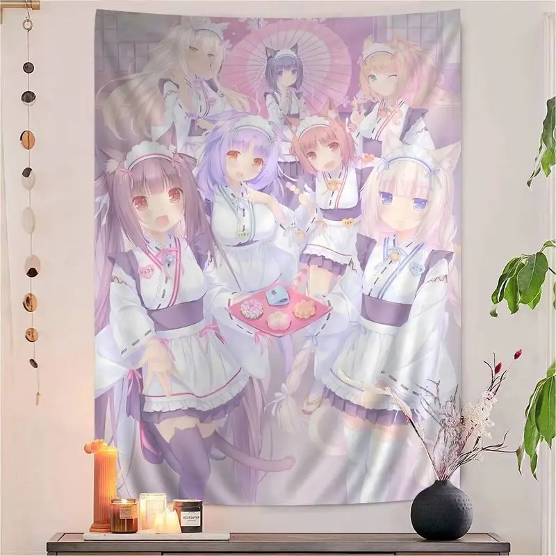 VIKAMA Cat Girl Amusement Park Tapestry Cute Cat Girl Maid Art Wall Hanging Living Room Sofa Background Wall Room Decoration
