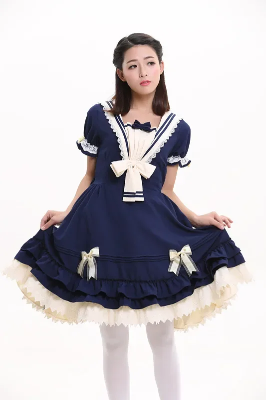 

Summer Blue Cute Lovely School Princess Lolita Dress Girl & Women Sweet Kawaii Short Sleeve One-piece Navy Sailor Dress