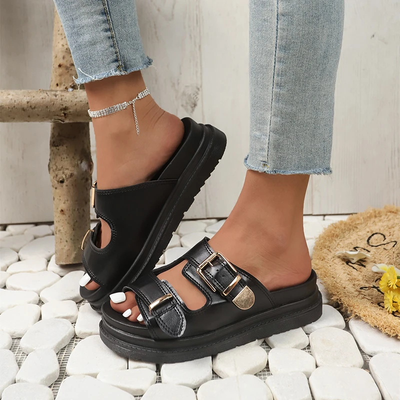 Ladies Shoes 2024 Brand Summer Outdoor Women\' Slippers Solid Buckle Decoration Open Toe Platform Water Proof Large Size Slippers