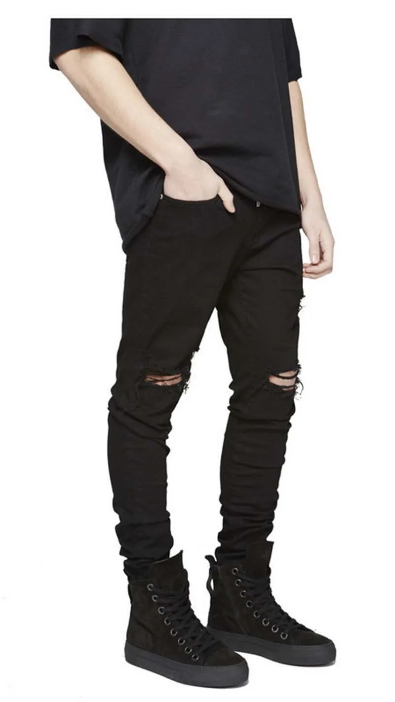 Mens Skinny Biker jeans denim Knee Hole hiphop pants Washed Middle Waist high quality