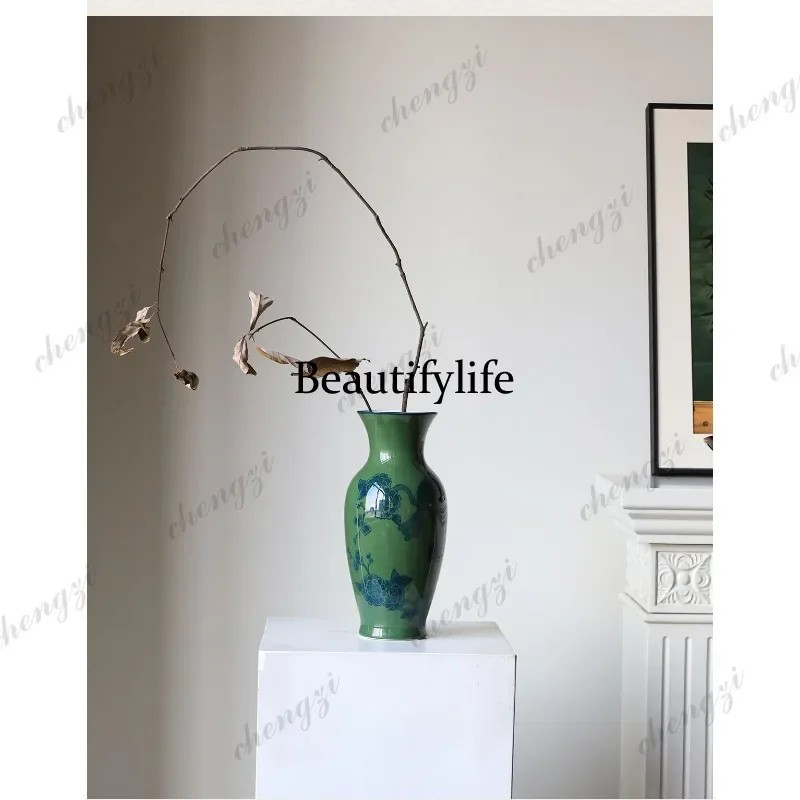 F181  New Chinese hand-painted green blue and white porcelain vase living room, ornament entrance, ceramic flower arrangement