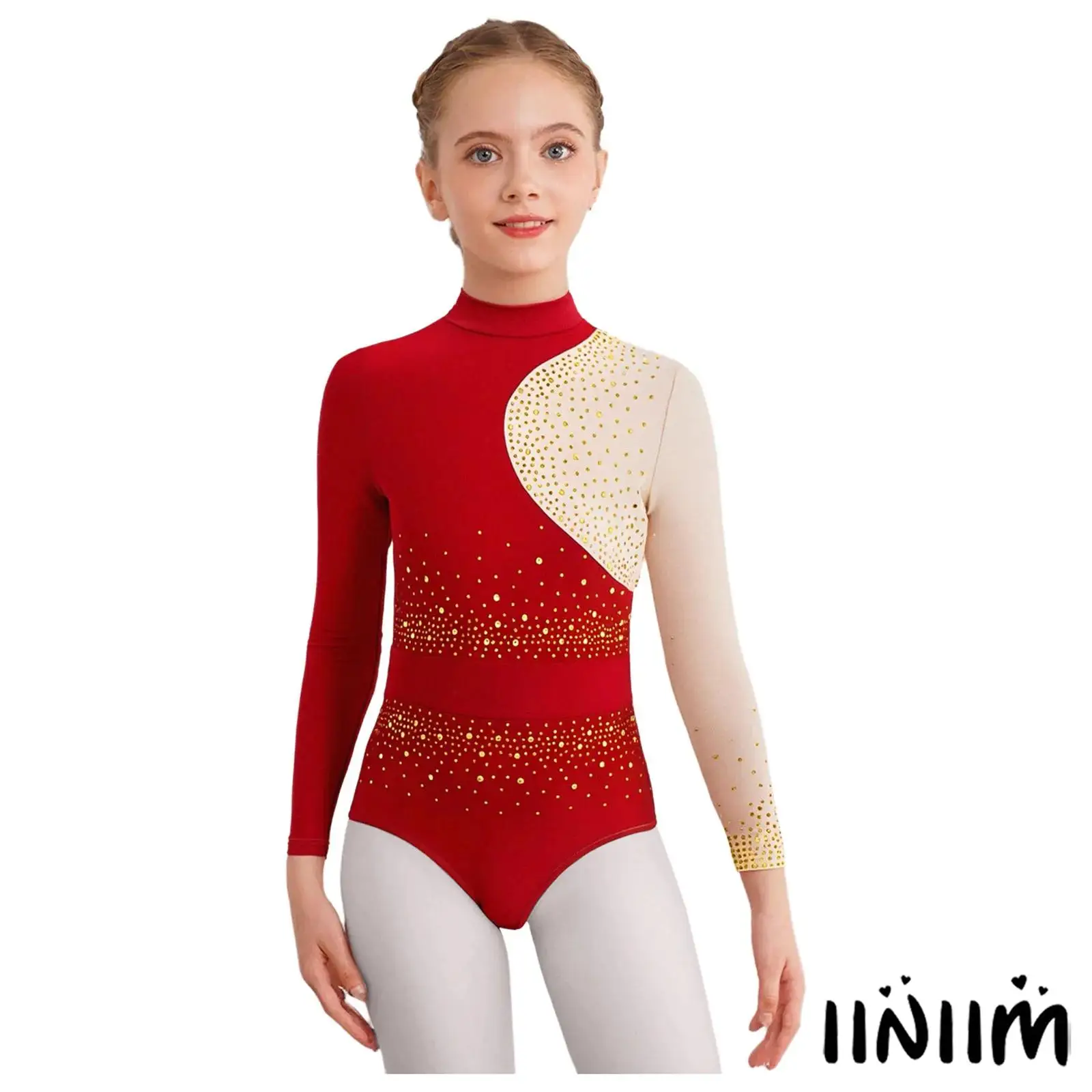 

Kids Girls Gymnastics Ballet Dance Performance Leotard Mock Neck Long Sleeves Sparkly Rhinestones Color Block Latin Bodysuit