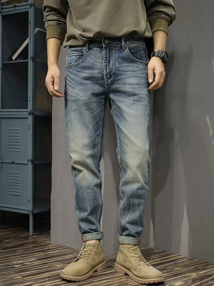 Newly Vintage Fashion Men Jeans High Quality Retro Blue Elastic Slim Fit Ripped Jeans Men Trousers Casual Designer Pants Hombre