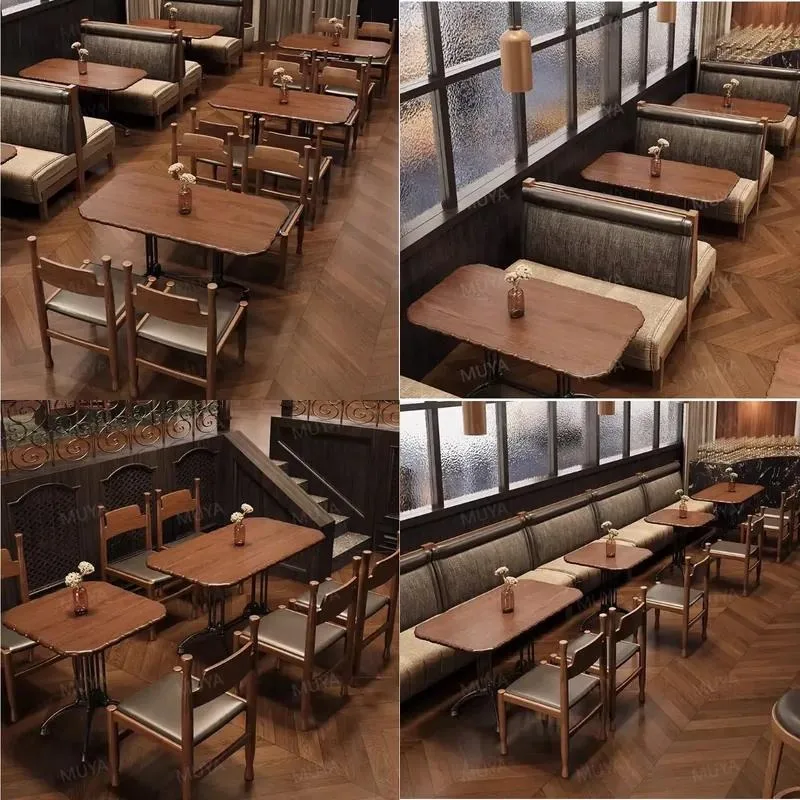 Vintage American Wooden Bar Bistro Cafe Dining Booth Seats Commercial Restaurant Furniture Table Chair Set