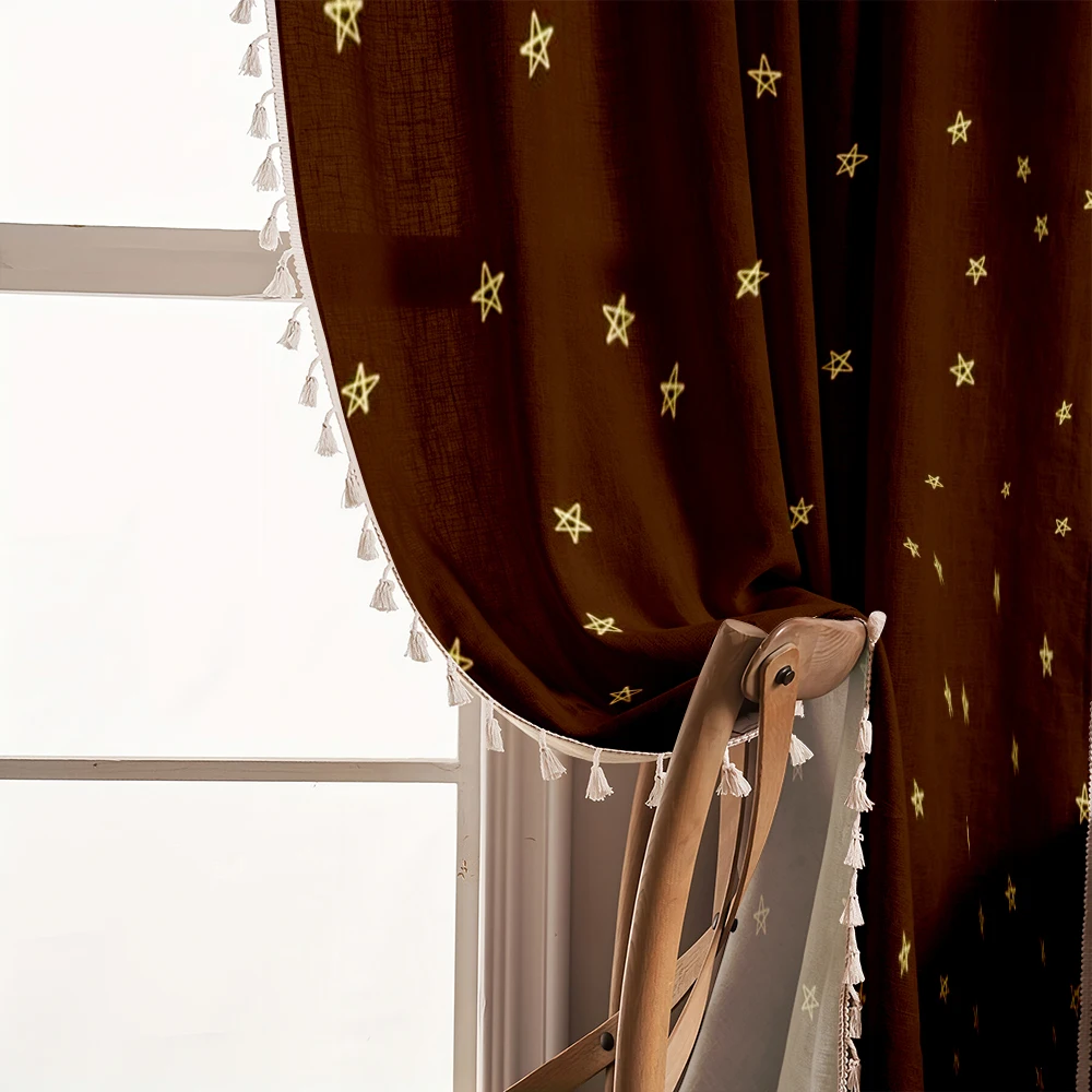 1PC Minimalist Tassel Sheer Curtains, Brown Gold Star, Digital Print, Linen Polyester, Bedroom Living Room, Home Decor