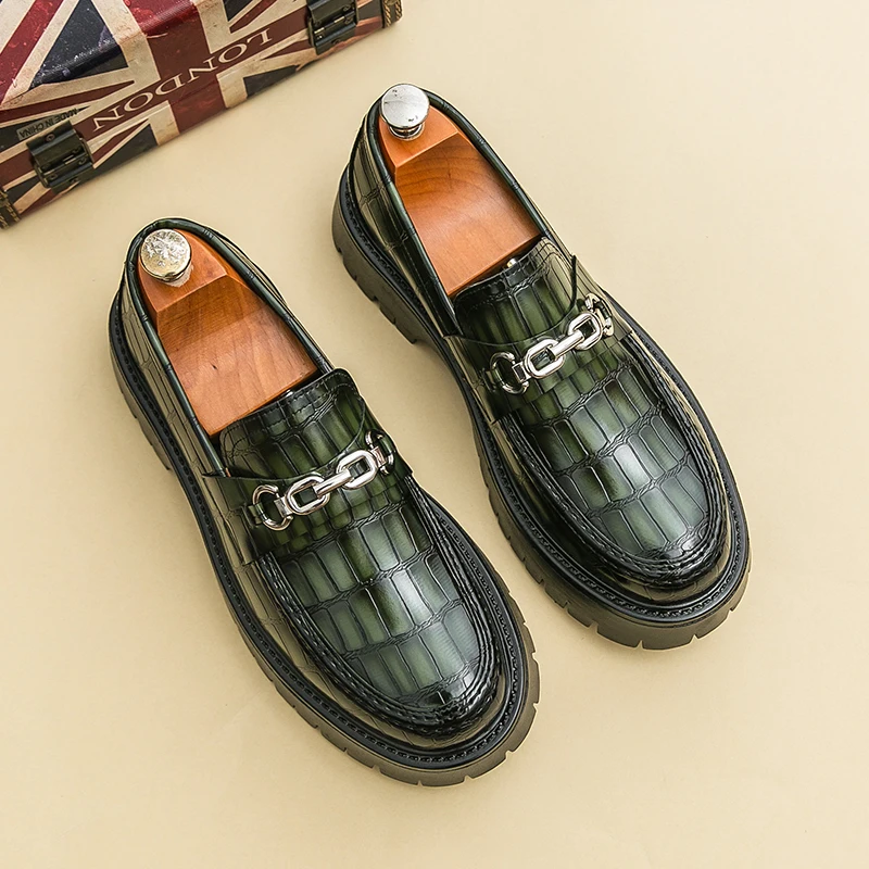 Classic Green Crocodile Leather Comfortable Thick Soled Derby Shoes for Spring New Men Foot Covers Business Casual Leather Shoes